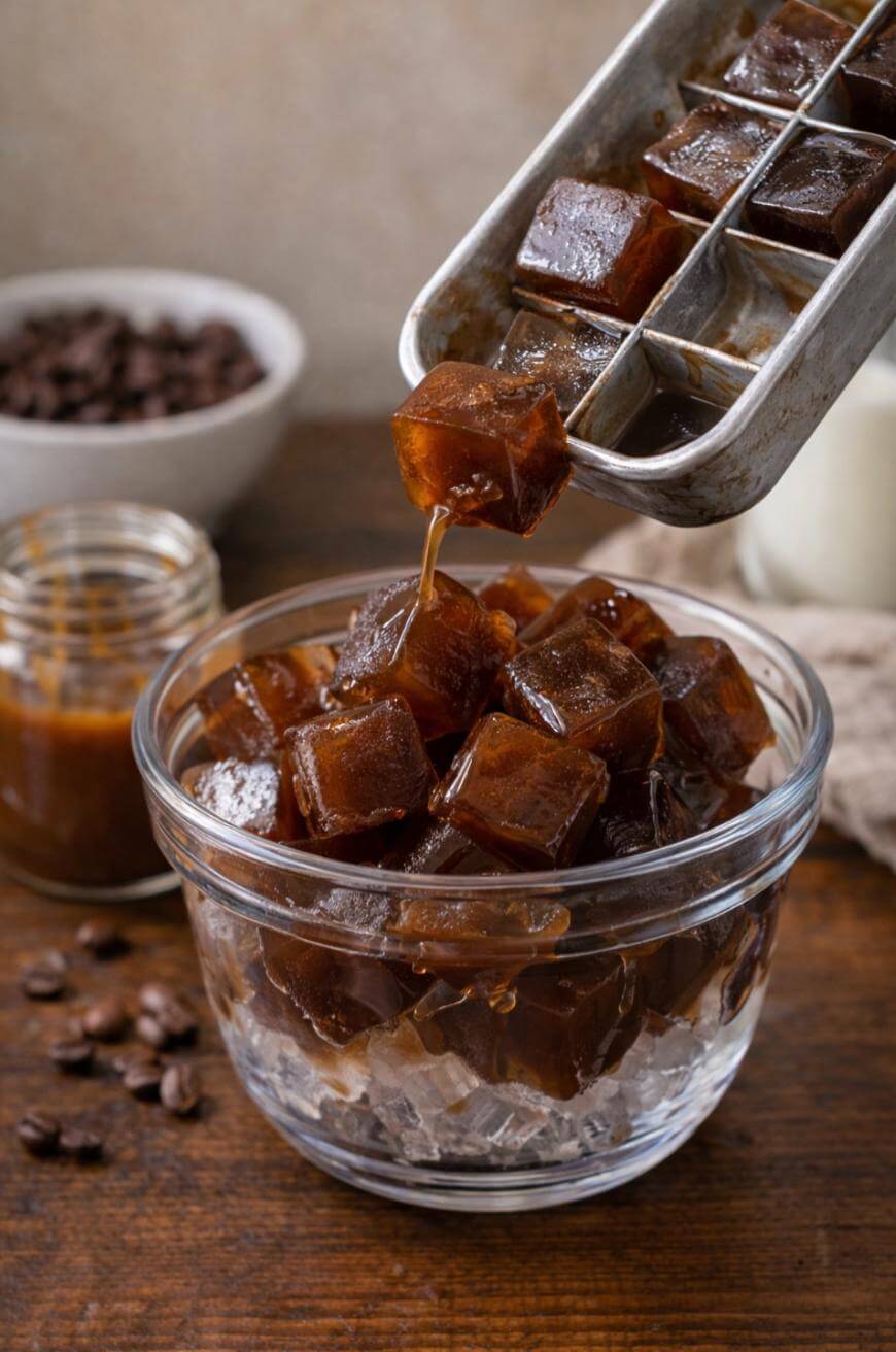 A glass bowl filled with coffee ice cubes, with more cubes being added from a metal tray above. Coffee beans, a jar of coffee syrup, and a milk bottle are in the background on a wooden surface.