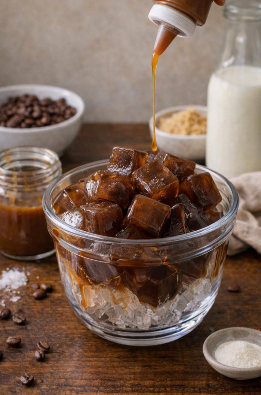 A glass bowl filled with coffee ice cubes sits on top of regular ice, while caramel sauce is being drizzled over the cubes. In the background are jars of coffee beans, caramel sauce, brown sugar, and a bottle of milk.
