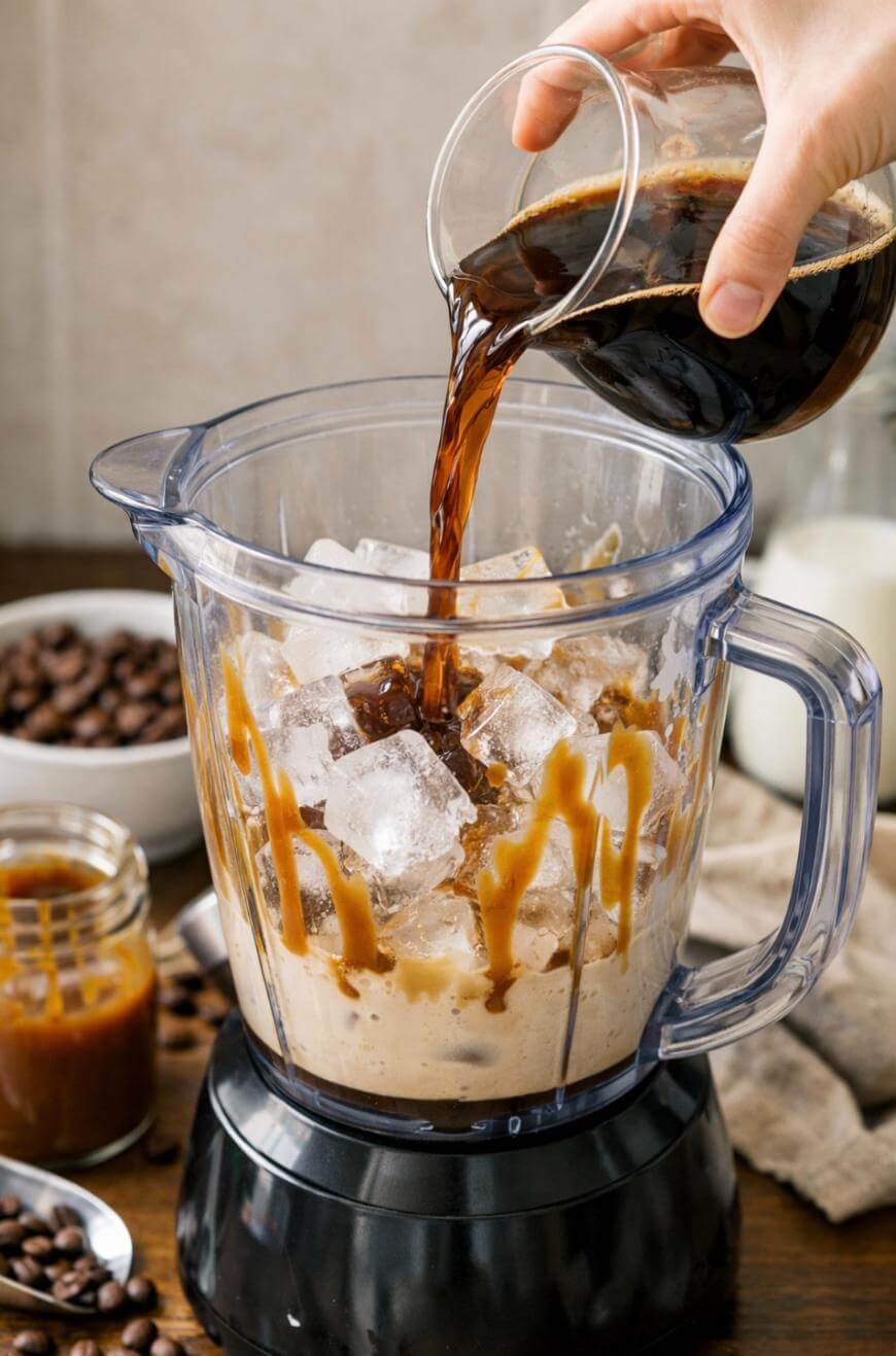 A hand pours coffee into a blender filled with ice cubes, milk, and caramel sauce. Jars of caramel and coffee beans sit on the table nearby.