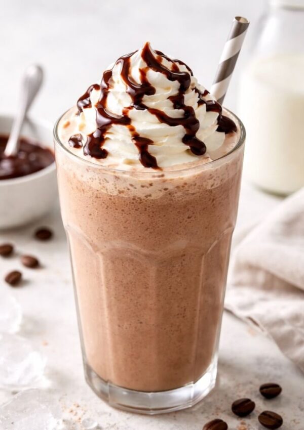 A tall glass of iced mocha topped with whipped cream and chocolate syrup, with a striped straw. Coffee beans, a bowl of chocolate sauce, and a milk bottle are in the background.