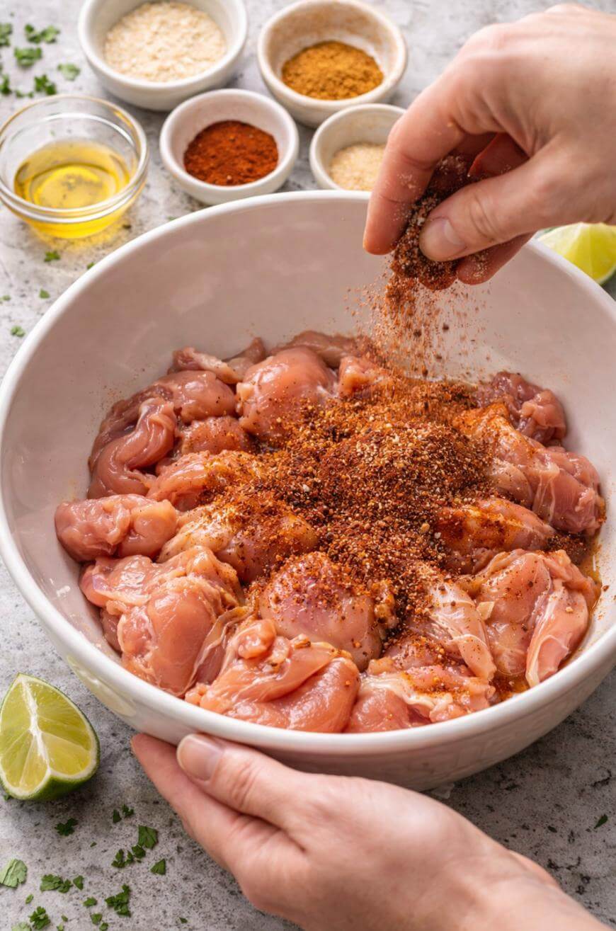 A person sprinkles seasoning onto raw chicken pieces in a large white bowl, surrounded by small bowls of spices, oil, and a halved lime on a countertop.