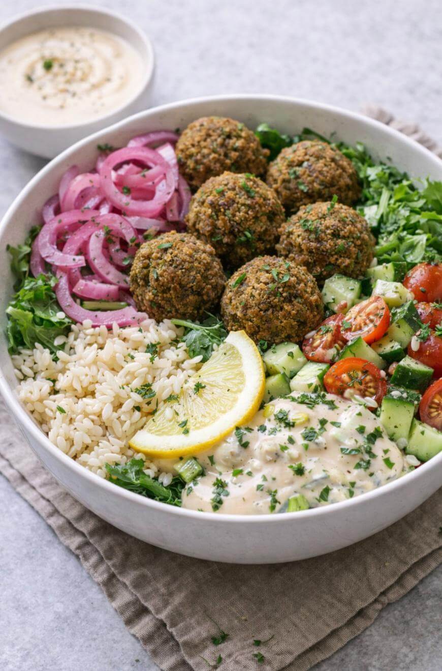 A bowl with falafel, pickled red onions, chopped parsley, rice, sliced cucumber and cherry tomatoes, a lemon wedge, and creamy sauce, with a small bowl of dip in the background.