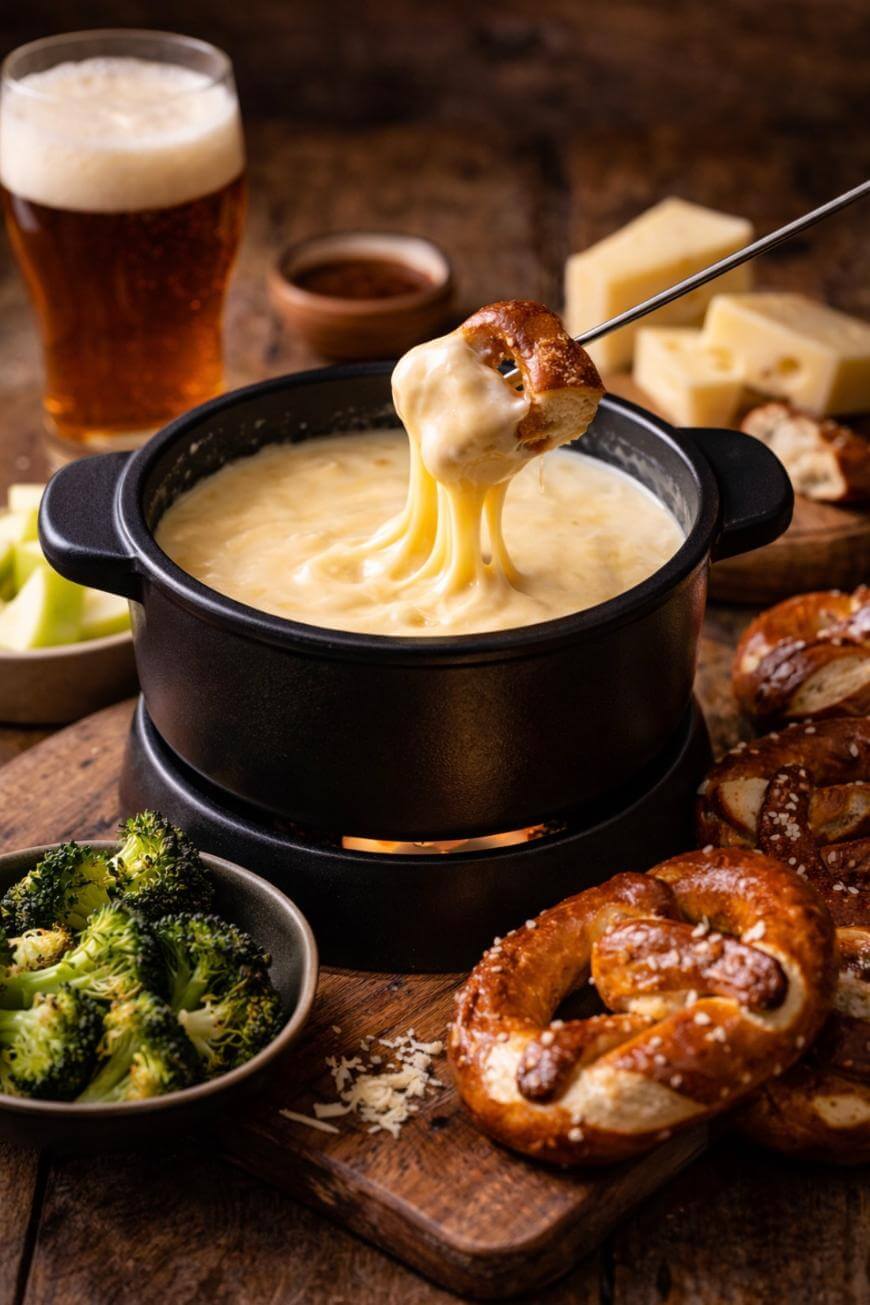 A pot of melted cheese fondue with a pretzel being dipped, surrounded by soft pretzels, broccoli, apple slices, cheese, and a glass of beer on a rustic wooden table.