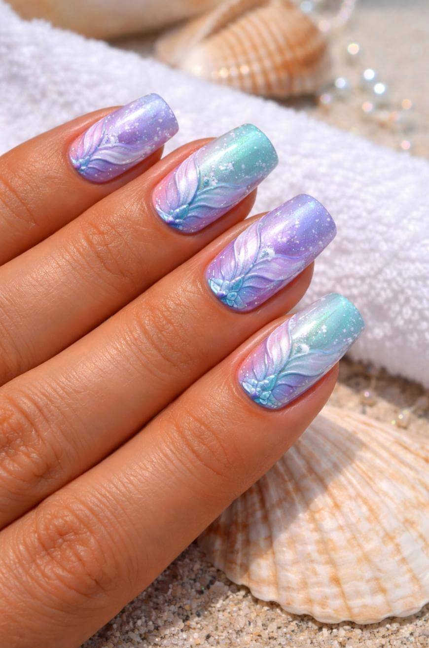 A hand with long, square-shaped nails painted in pastel blue, purple, and pink gradient, featuring white leaf designs and subtle glitter accents, resting on seashells and a white towel.