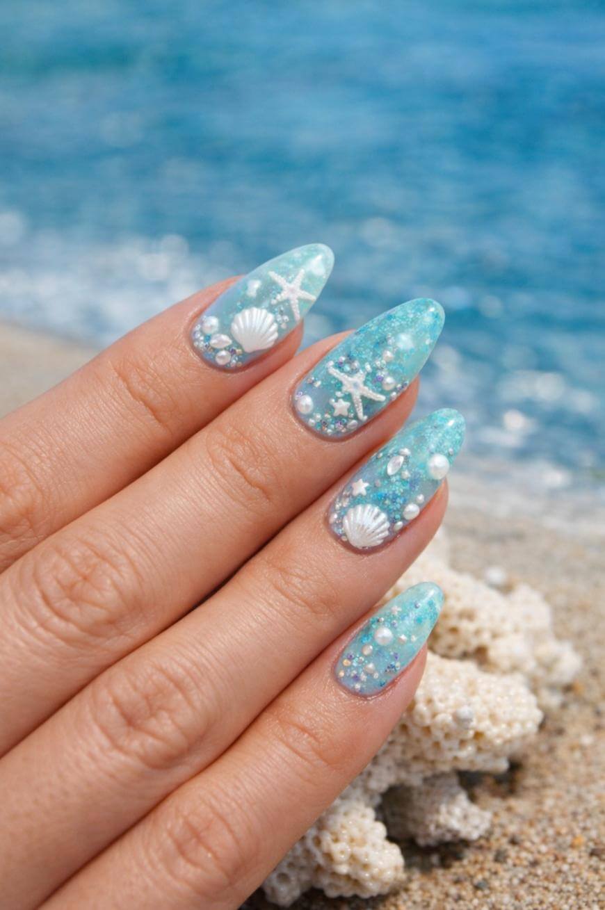 A hand with long, pointed nails featuring blue ocean-themed nail art with seashell, starfish, and pearl designs. The background shows sand, coral, and the sea.