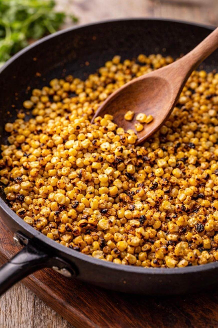 A close-up of a black skillet filled with toasted, golden-brown Israeli couscous, and a wooden spoon stirring the grains. The skillet rests on a wooden surface with green herbs blurred in the background.