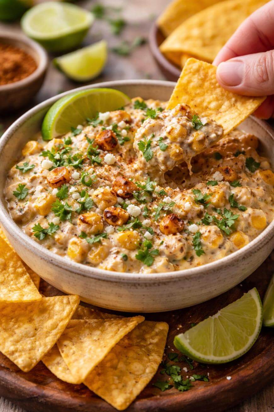 A hand dips a tortilla chip into a bowl of creamy Mexican street corn dip, garnished with fresh cilantro and lime wedges, surrounded by more chips and lime slices on a wooden platter.