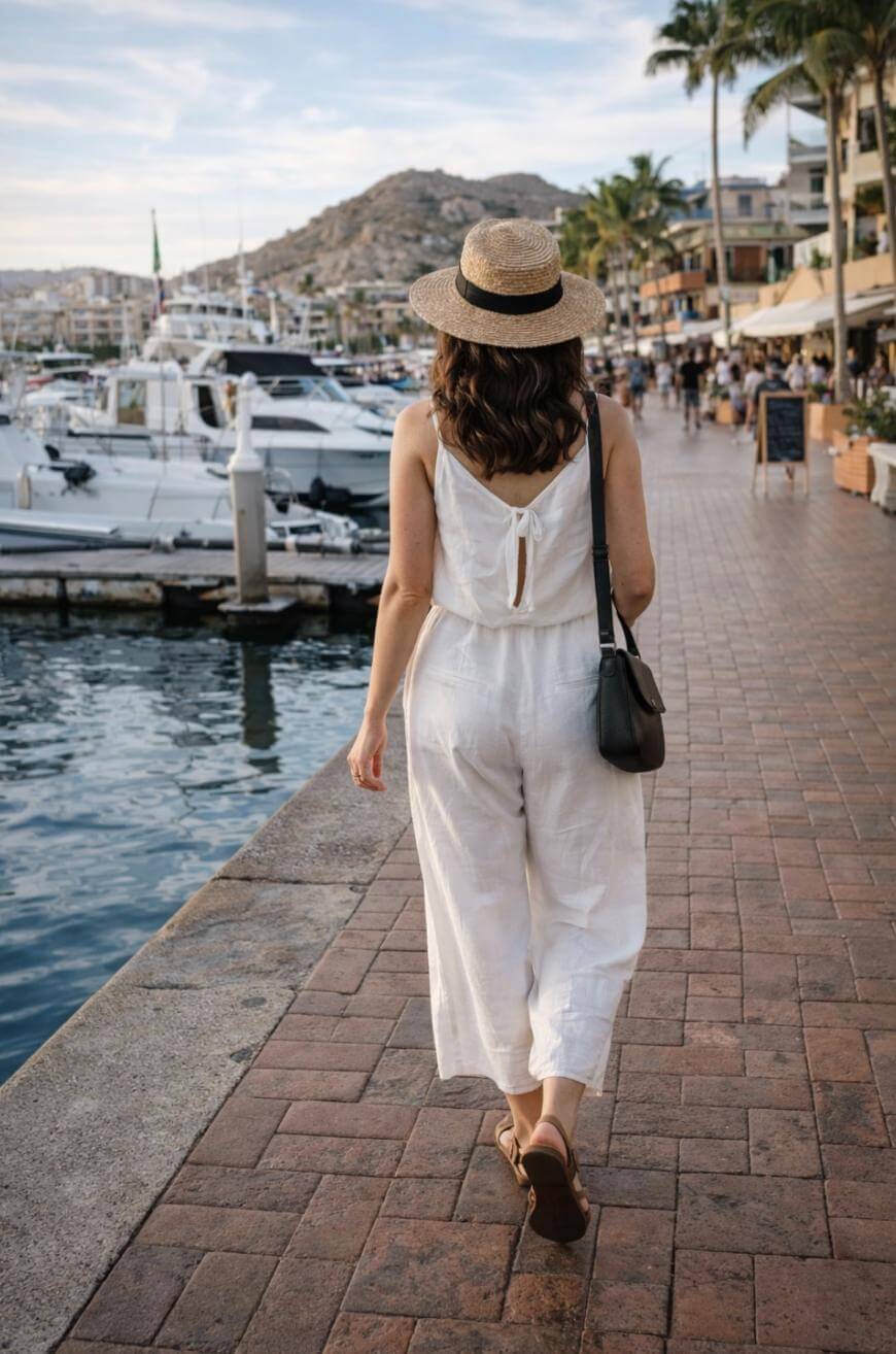 A woman in a white jumpsuit and straw hat walks along a marina promenade lined with boats and shops, with mountains in the background under a partly cloudy sky.