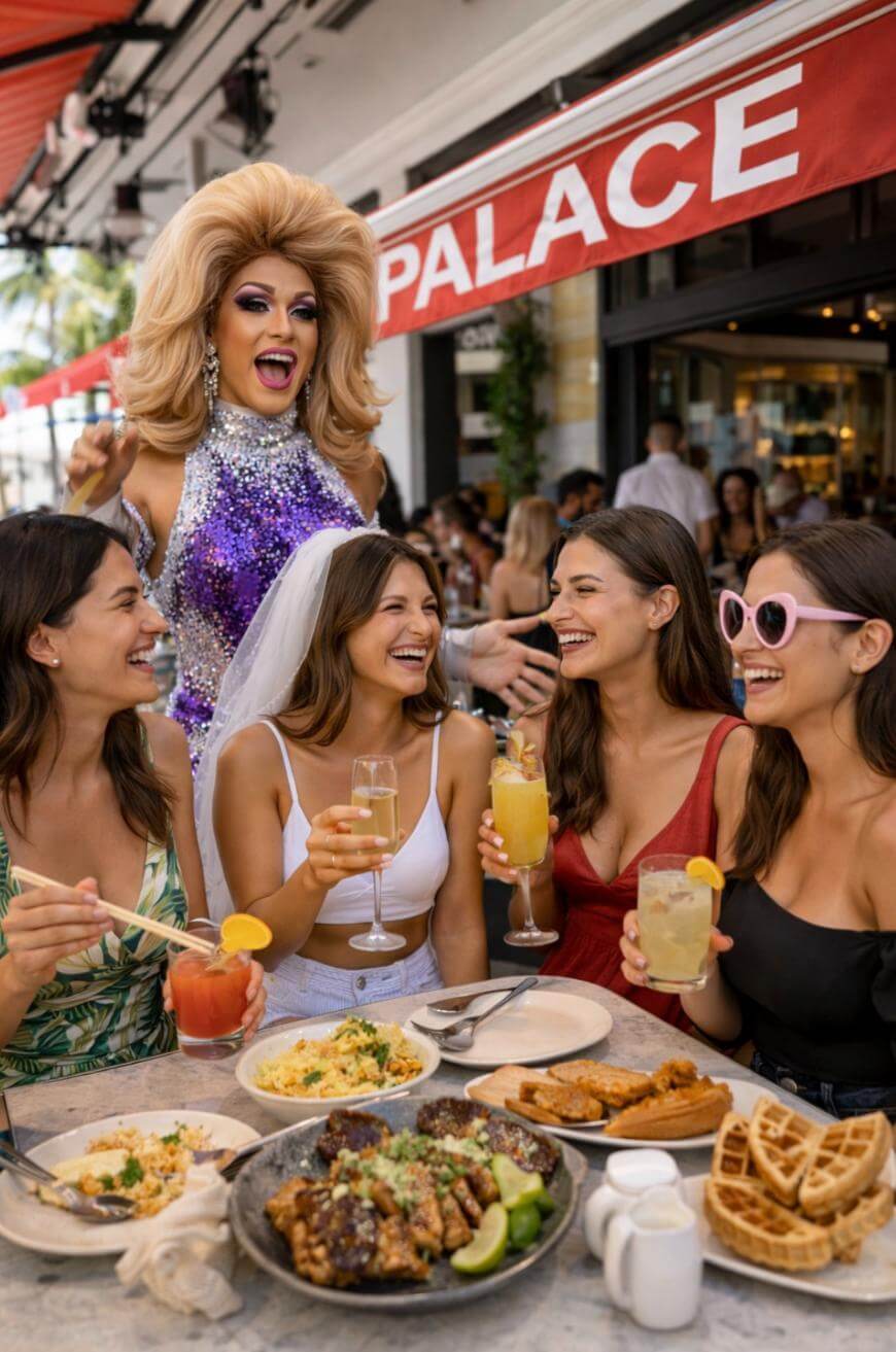 A drag queen in a sparkly purple dress entertains four women enjoying drinks and brunch at an outdoor restaurant, all smiling and laughing together under a red “Palace” sign. Plates of food cover the table.