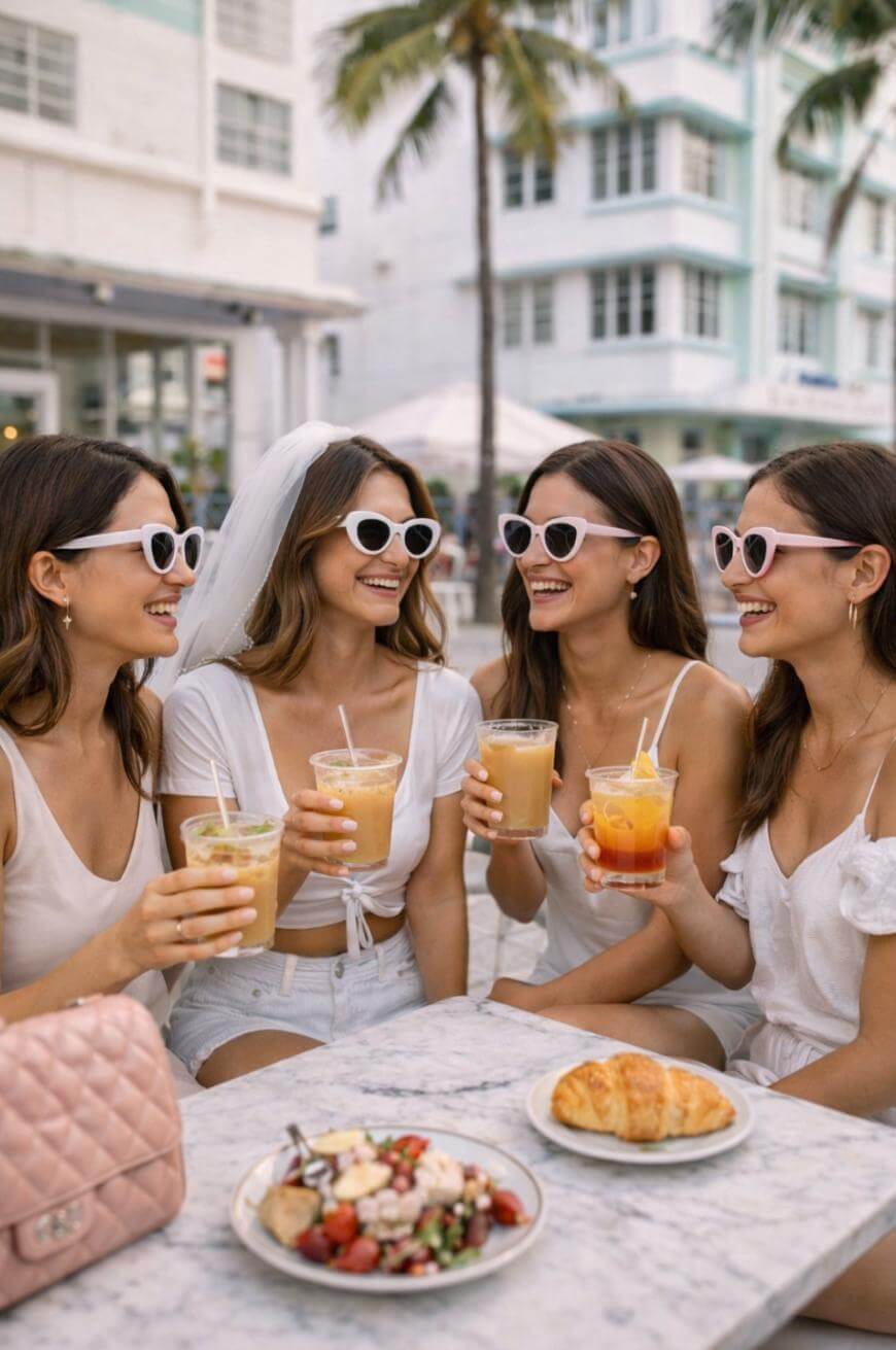 Four women in white outfits and sunglasses sit at an outdoor café, laughing and holding drinks. One wears a bridal veil. Food, including a salad and croissant, is on the table. Palm trees and pastel buildings are in the background.