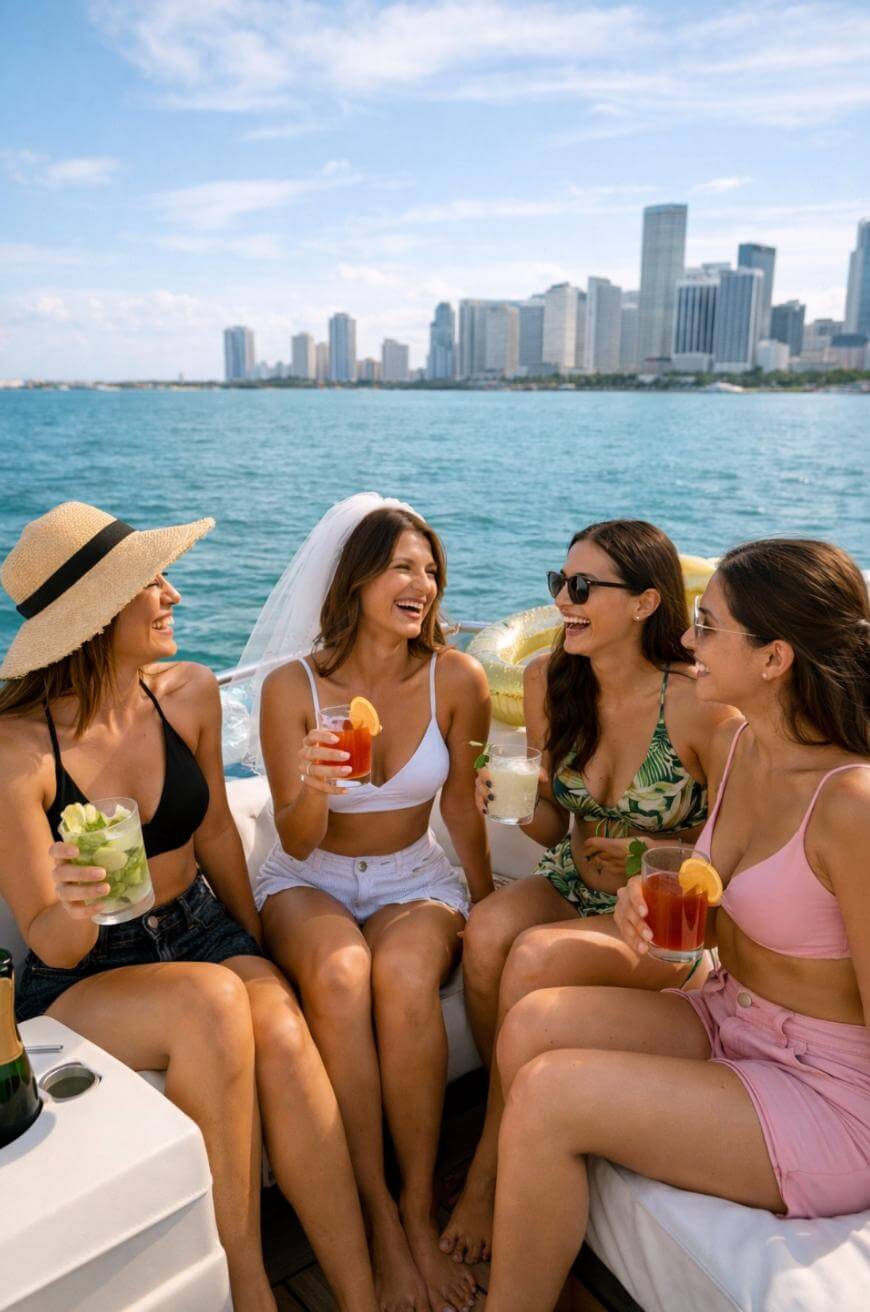 Four women in swimsuits sit on a boat, smiling and holding drinks. One woman wears a veil, suggesting a bachelorette party, with a city skyline and water visible in the background under a sunny sky.