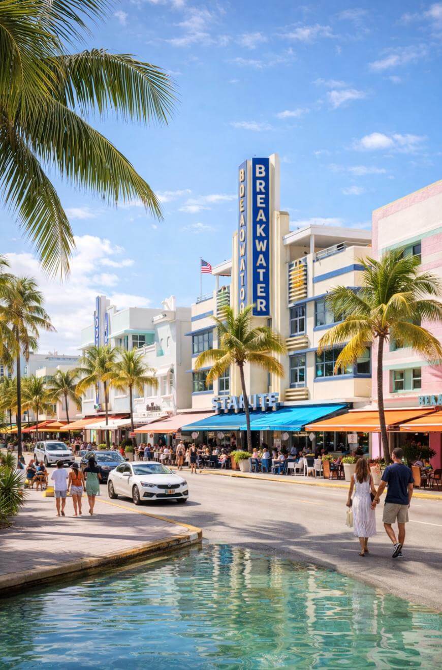 People walk along Ocean Drive in Miami Beach, passing colorful Art Deco buildings, palm trees, outdoor cafes, and parked cars on a sunny day, with a pool of water in the foreground.