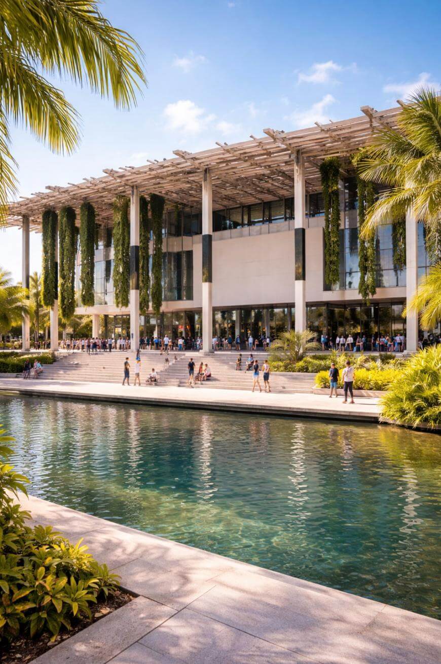 A modern building with tall columns covered in vines, large glass windows, and a terrace, set beside a reflecting pool and lush palm trees on a sunny day. People are walking and sitting by the entrance.
