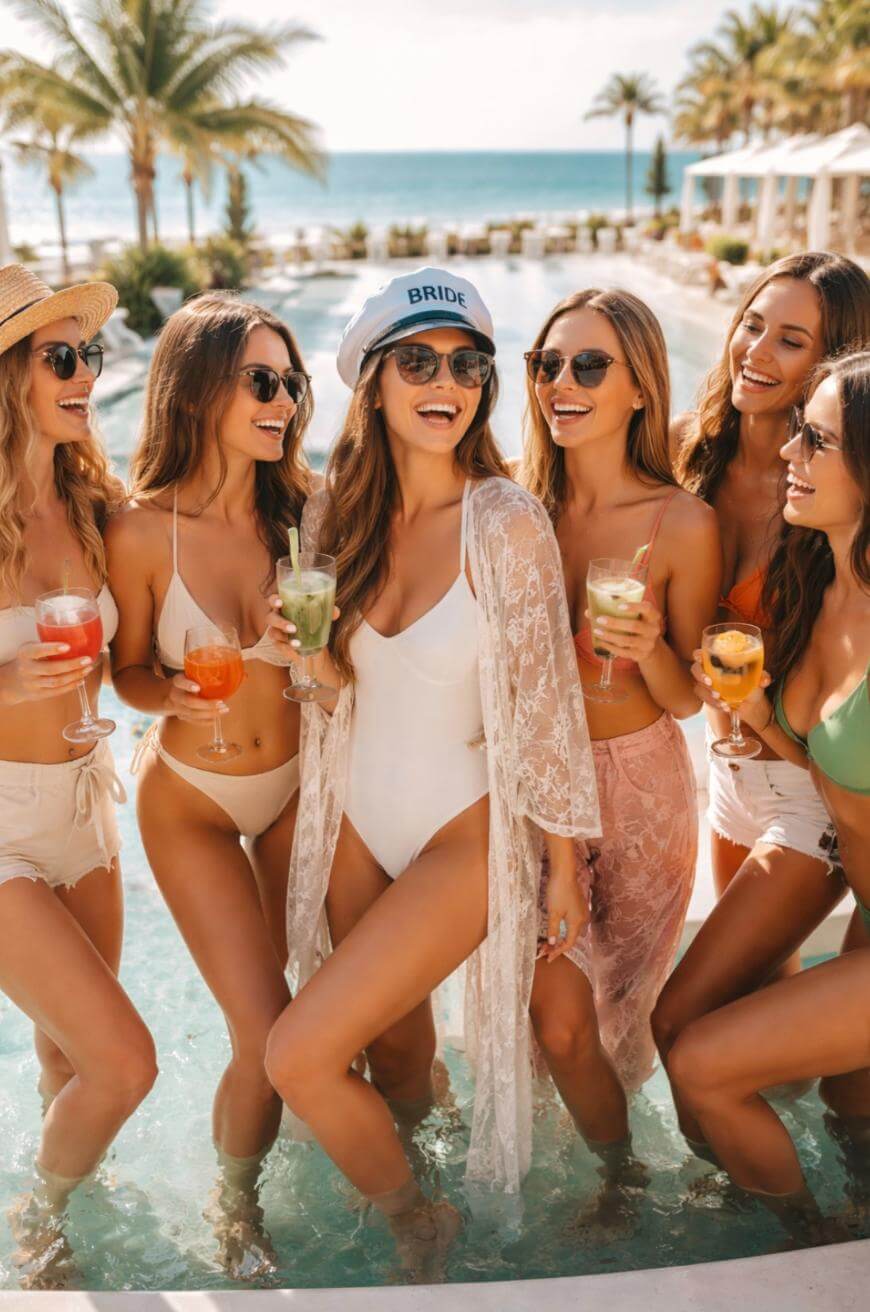Six women in swimsuits stand together by a pool, smiling and holding colorful drinks. One wears a Bride cap and a white swimsuit. Palm trees and the ocean are visible in the background, suggesting a tropical celebration.
