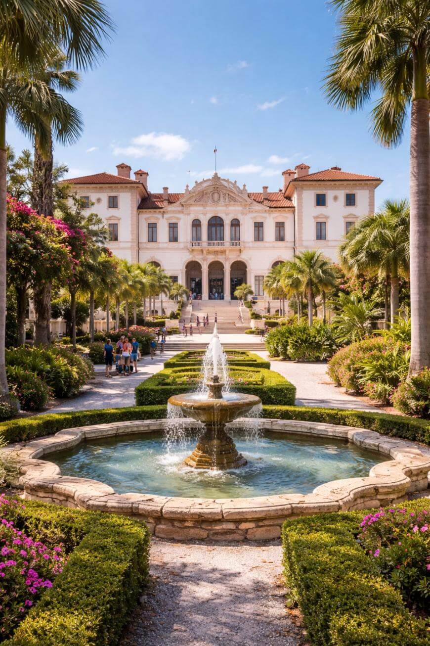 A grand historic mansion with a white facade and red-tiled roof stands at the end of a palm-lined pathway, featuring a circular fountain and manicured gardens in the foreground under a blue sky.