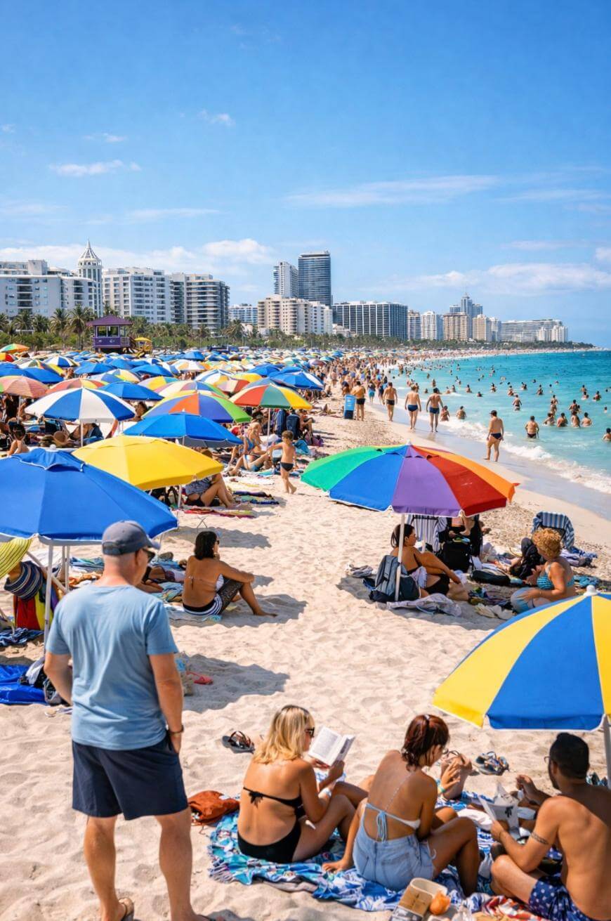 A crowded beach scene with many colorful umbrellas, sunbathers on the sand, and people swimming in the ocean. Tall city buildings and a blue sky are visible in the background.