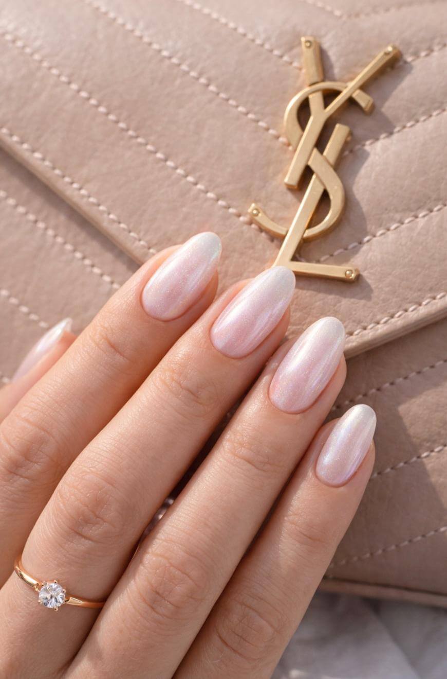 A hand with long, almond-shaped, shimmery pale pink nails rests on a quilted beige YSL purse. The person is wearing a delicate gold ring with a single round diamond.