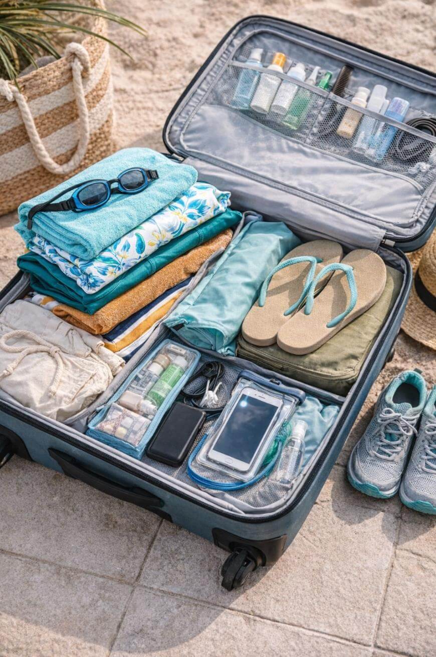 An open suitcase on the ground, neatly packed with clothes, sandals, sunglasses, toiletries, and electronic devices, with a straw bag and sneakers nearby on a sandy surface.