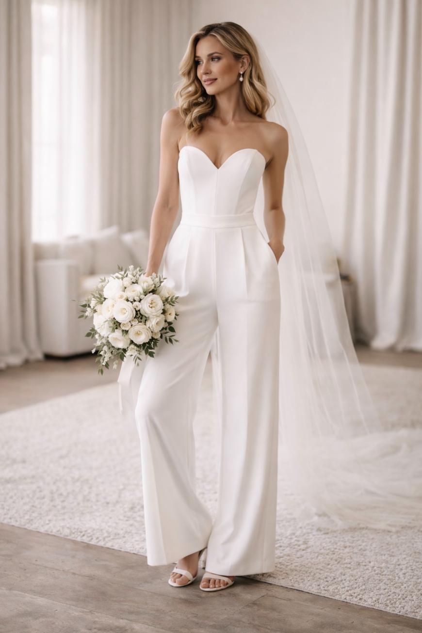 A bride wearing a strapless white jumpsuit with a sweetheart neckline, holding a bouquet of white flowers, and wearing a long veil, stands in a bright, elegant room with soft furnishings.