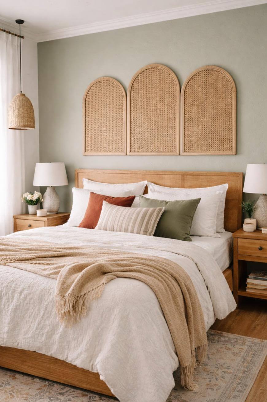 Cozy bedroom with a wooden bed, white bedding, earth-toned pillows, a beige throw, two bedside tables with lamps, woven wall art above the bed, and soft natural light from a window with sheer curtains.