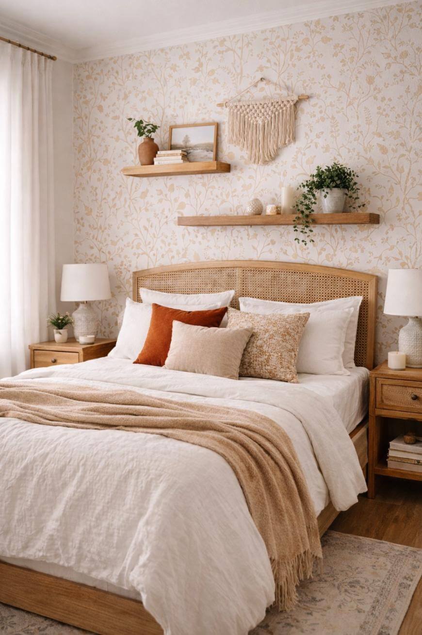 A cozy bedroom features a rattan headboard, neutral bedding with rust and beige accent pillows, wooden nightstands, two shelves with plants and decor, and floral wallpaper in warm tones. Soft light filters through sheer curtains.