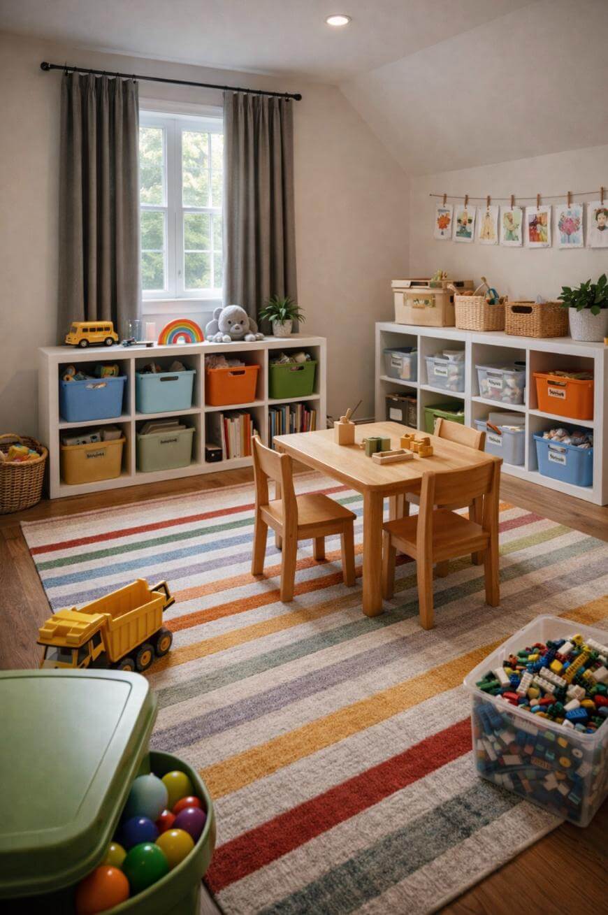 A tidy playroom with a striped rug, a small wooden table and chairs, colorful storage bins, toy trucks, books, baskets, and artwork hanging on the wall under a window with gray curtains.