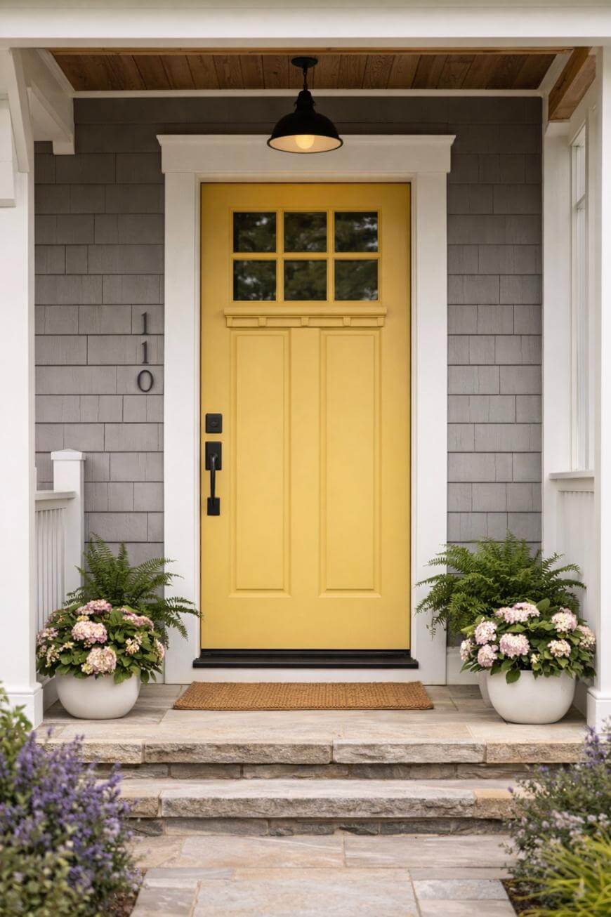 A bright yellow front door with a windowpane top is framed by white trim on a gray shingle house, flanked by potted flowers and ferns; a black porch light hangs above and a welcome mat lies on the stone steps.