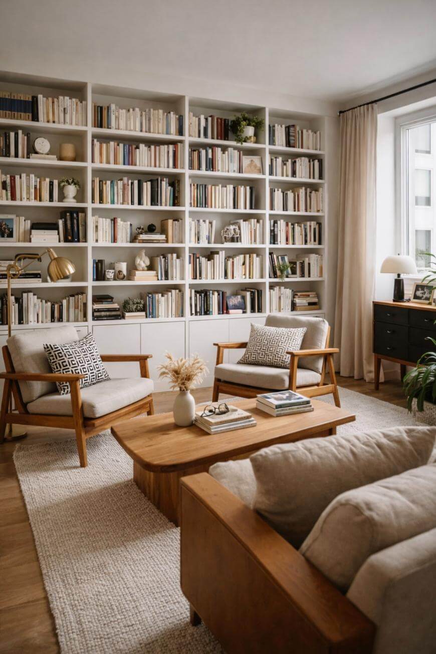 Cozy living room with wooden furniture, beige sofa, two armchairs, a coffee table with books, and a large wall of bookshelves filled with books and decor. Natural light streams in from a window with cream curtains.