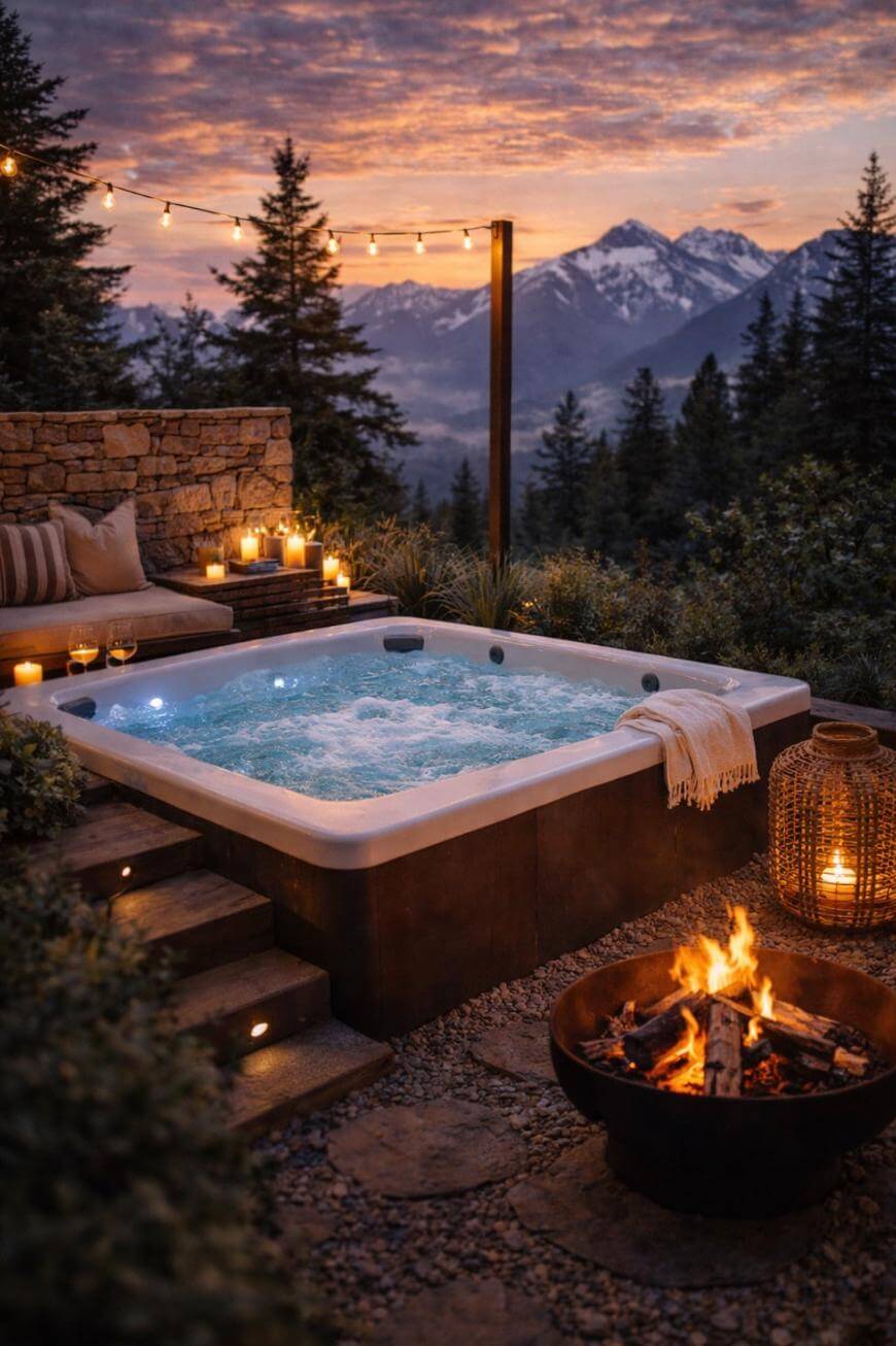 A cozy outdoor hot tub surrounded by candles, string lights, and a fire pit, set on a stone patio with mountain views at sunset and pine trees in the background.