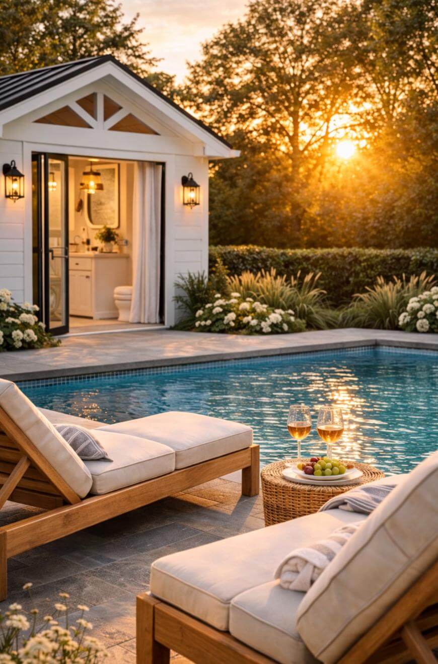 Two cushioned lounge chairs and a wicker table with wine glasses and fruit sit beside a pool at sunset. A small white pool house with open doors and glowing lights is in the background, surrounded by greenery and flowers.