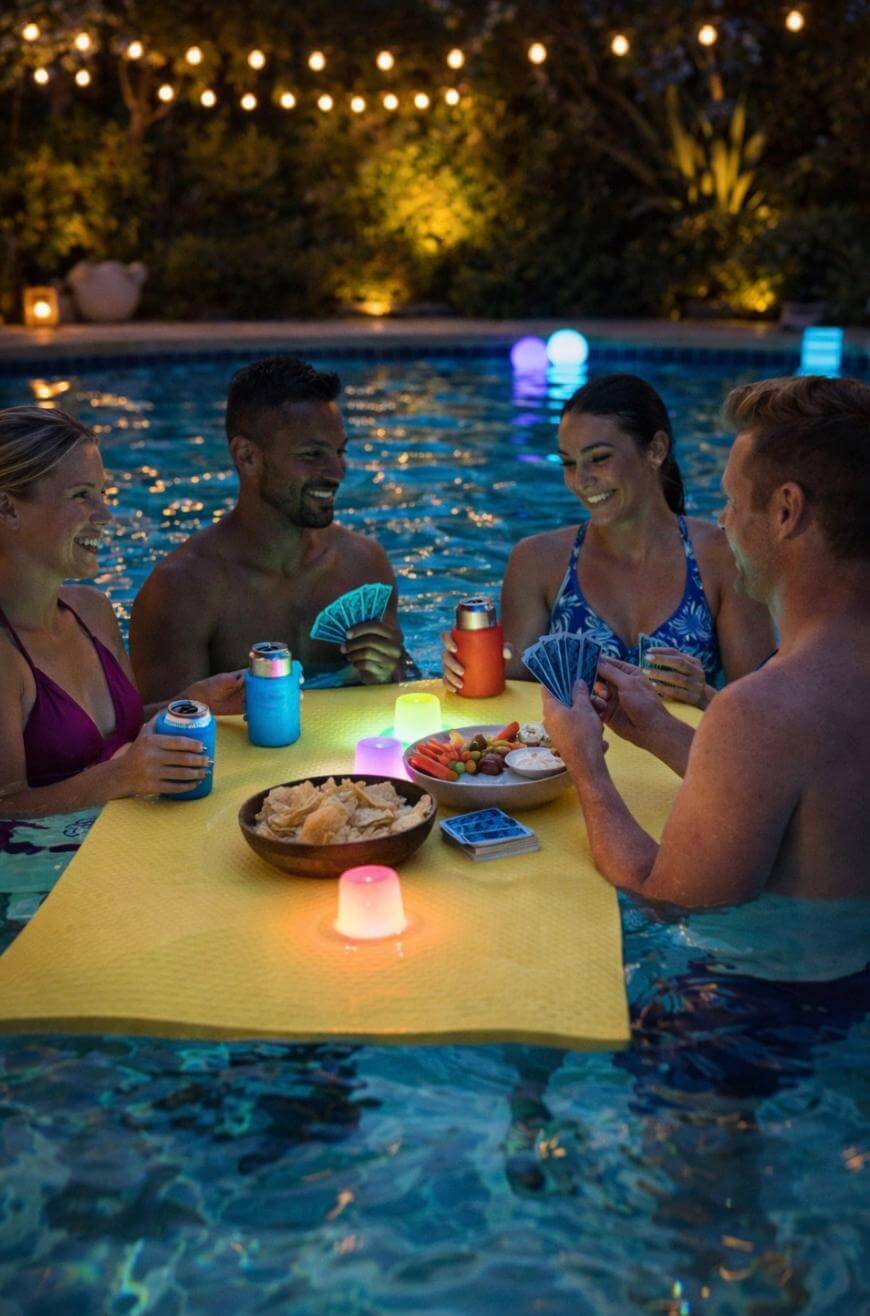 Four people stand in a pool at night, smiling and playing cards around a floating table with snacks and glowing colored lights. String lights and greenery are visible in the background.