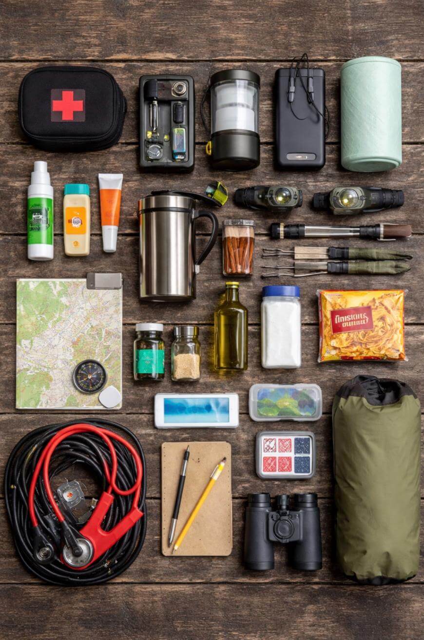 A flat lay of camping essentials on a wooden surface, including a first aid kit, flashlight, lantern, toiletries, food, water bottle, rope, map, compass, notebook, pens, binoculars, and cards.