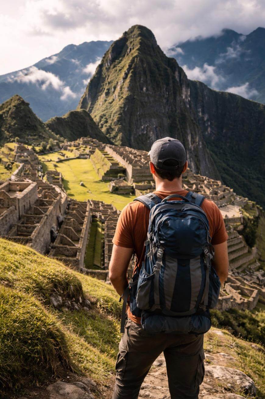 A person wearing a backpack stands on a grassy hill, overlooking the ancient stone ruins of Machu Picchu in Peru, with lush mountains and clouds in the background.