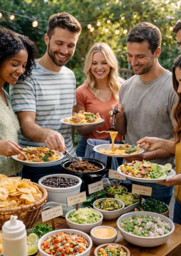 A group of smiling friends gathers outdoors, serving themselves Mexican food like tacos, chips, beans, and guacamole from a buffet-style table decorated with fresh ingredients. String lights hang above them.