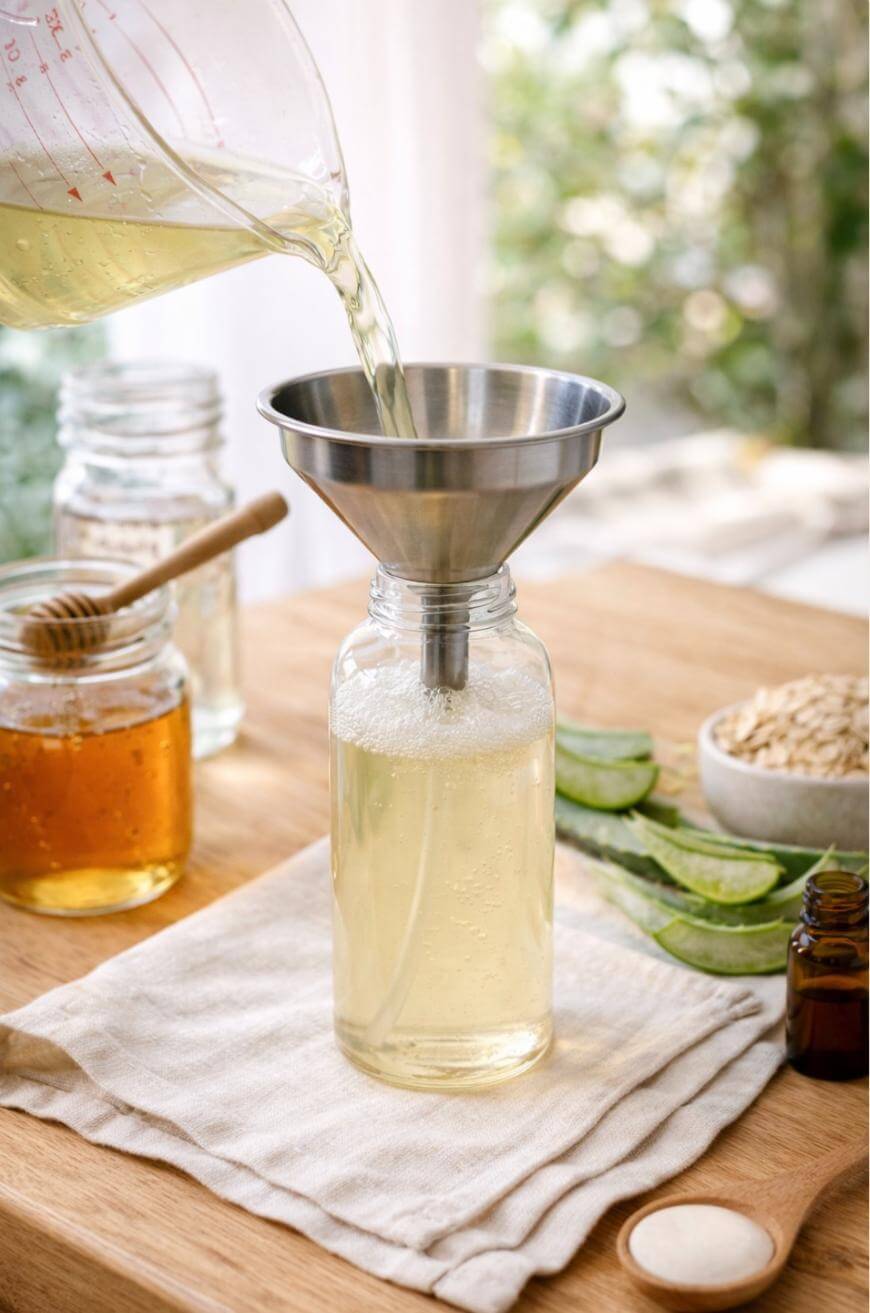 A clear liquid is being poured from a measuring cup through a metal funnel into a glass bottle on a cloth. Nearby are jars of honey, aloe leaves, oats, and a small amber bottle on a wooden table.