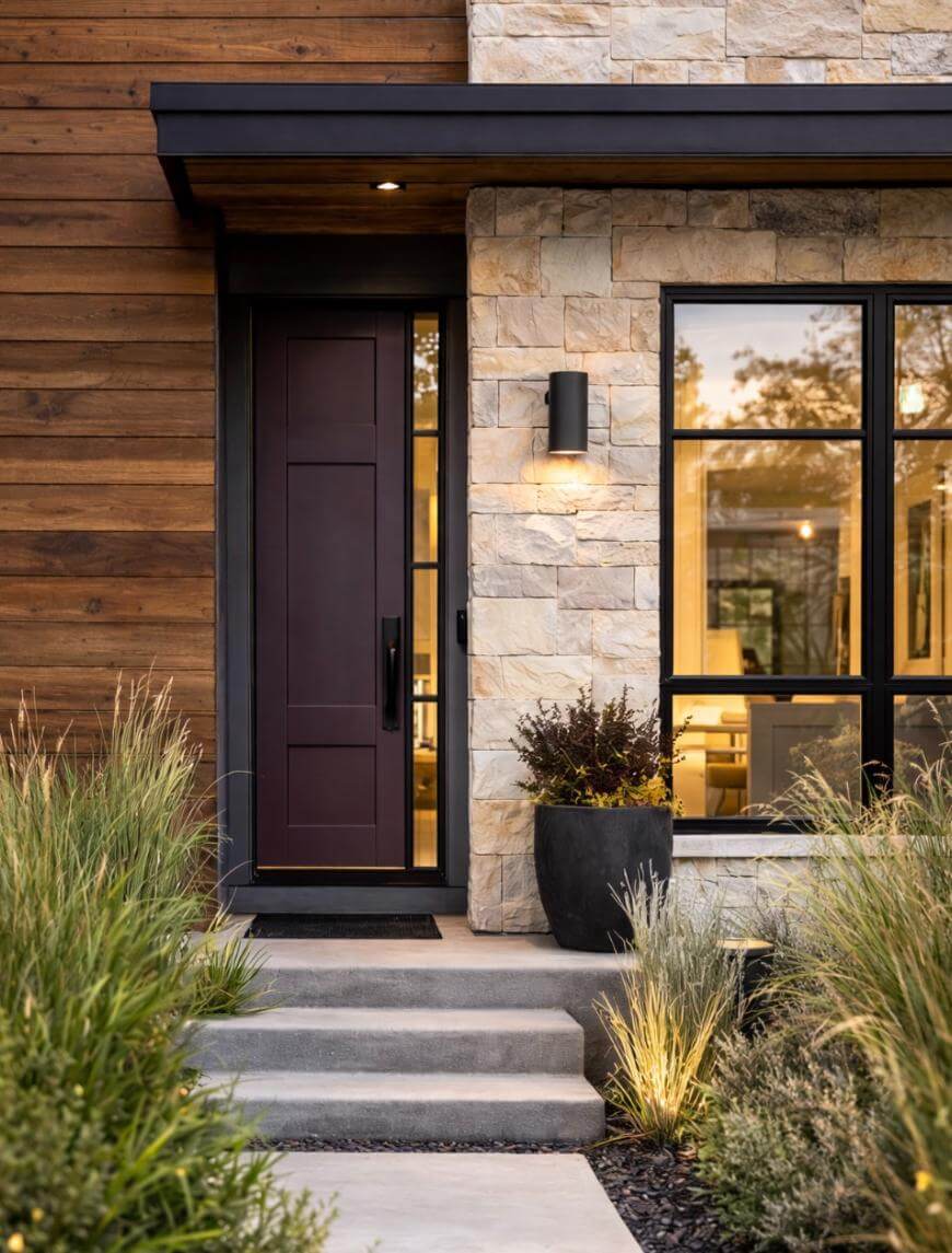 Modern house entrance with a dark front door, stone and wood siding, large black-framed window, wall-mounted light, potted plant, and landscaped path with tall grasses and concrete steps. Warm light glows from inside.