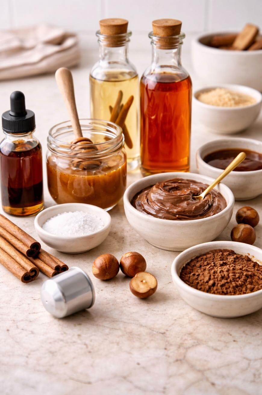 A variety of ingredients on a marble surface, including jars and bottles of honey, syrup, and vanilla extract, bowls of cocoa powder, nut butter, sugar, salt, whole hazelnuts, and cinnamon sticks.