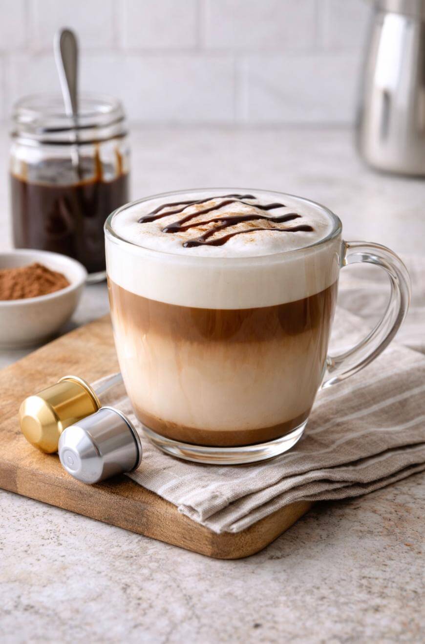 A glass mug of layered cappuccino with frothy milk, topped with chocolate drizzle, sits on a cloth napkin on a wooden board. Nearby are coffee pods, a bowl of cocoa powder, and a jar of coffee with a spoon.