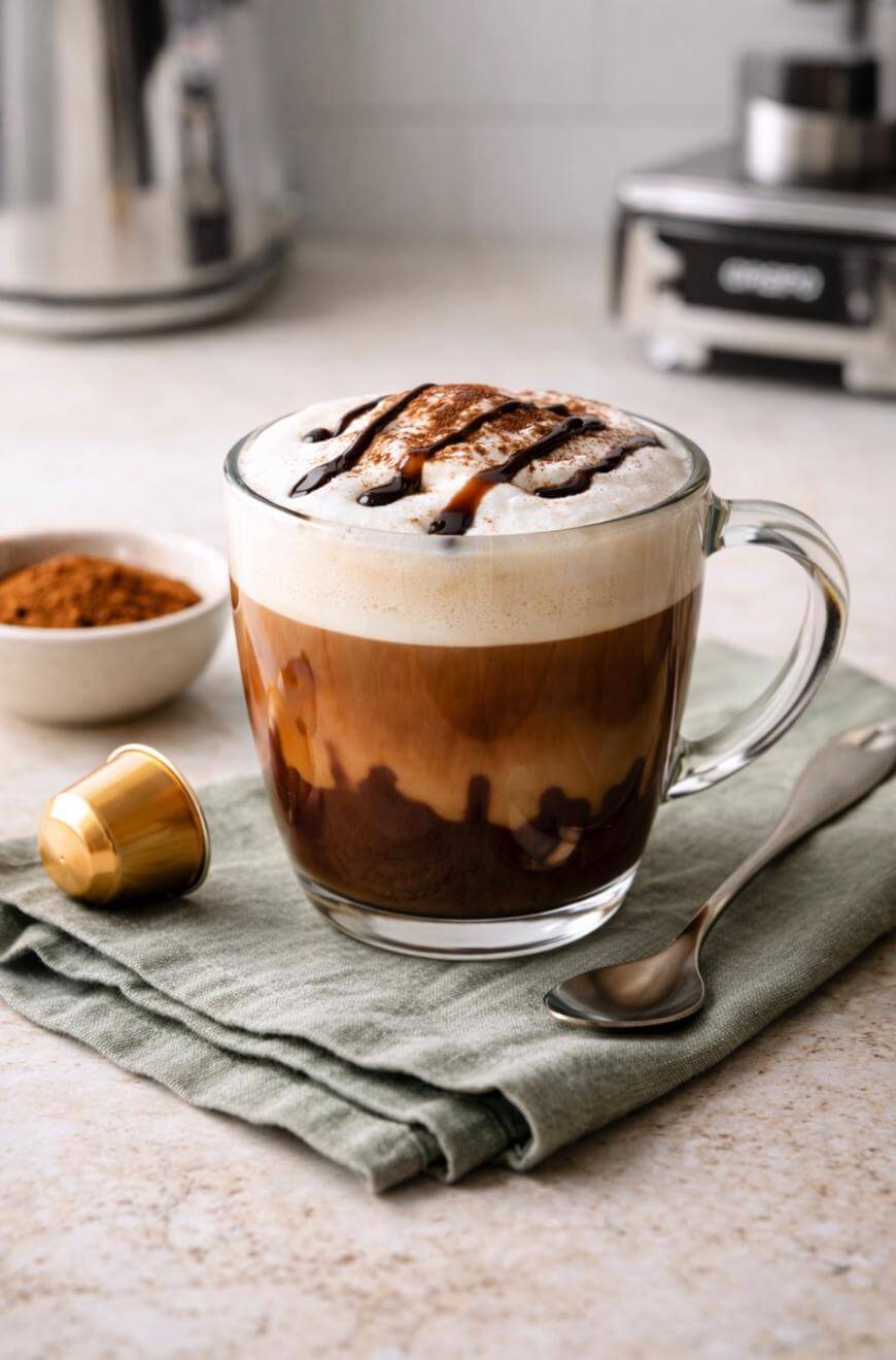 A glass mug of cappuccino with frothy milk and chocolate drizzle sits on a green cloth, next to a spoon, a gold coffee pod, and a small bowl of cocoa powder on a kitchen counter.