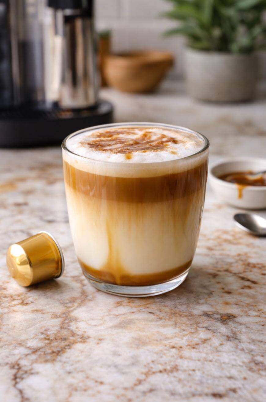 A glass of layered cappuccino with frothy milk and caramel drizzle sits on a marble countertop, next to a gold coffee capsule and a small dish with a spoon, with plants and kitchen items blurred in the background.