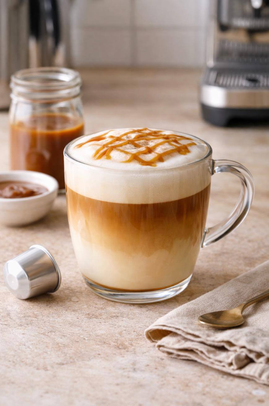 A glass mug of caramel macchiato with frothy milk and caramel drizzle sits on a counter next to a jar of caramel sauce, a coffee capsule, a napkin, and a spoon; a coffee machine is in the background.