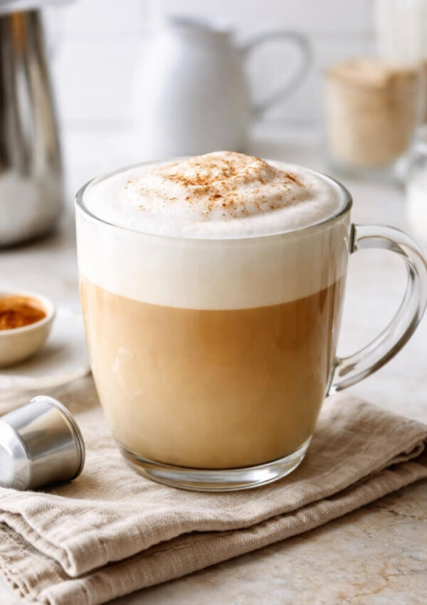 A glass mug of frothy cappuccino sits on a folded beige napkin, with a dusting of cinnamon on top. Nearby are a coffee pod, a small bowl of cinnamon, and milk jars, all on a light kitchen countertop.