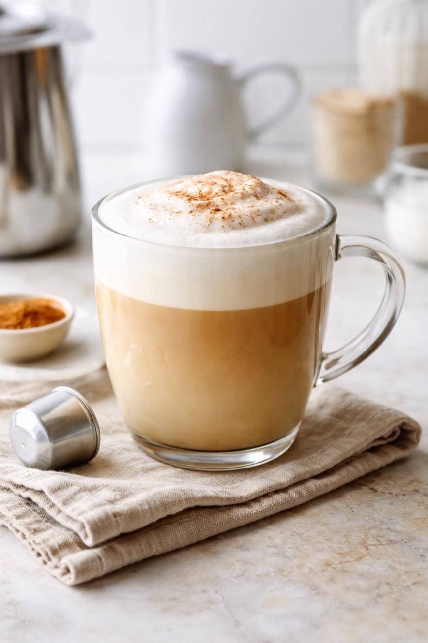 A glass mug filled with a frothy latte topped with cinnamon sits on folded beige napkins. A metal milk frother, small bowl of cinnamon, and milk jars are in the background on a light countertop.