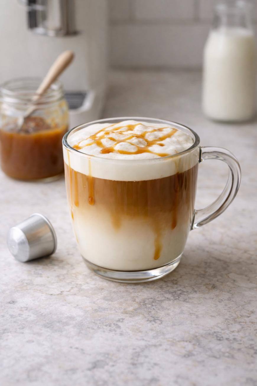 A glass mug of caramel macchiato with frothy milk and caramel drizzle on top sits on a countertop. In the background are a jar of caramel sauce with a spoon, a bottle of milk, and a coffee capsule.
