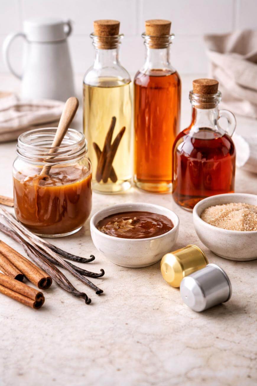 A jar of caramel sauce with a honey dipper, bottles of vanilla and cinnamon extract, bowls of brown sugar and sauce, whole cinnamon sticks, vanilla beans, and two small extract bottles on a countertop.