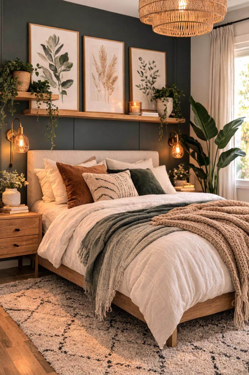 Cozy bedroom with a wooden bed, neutral bedding, green and brown accent pillows, textured throws, hanging plants, botanical wall art, woven light fixture, and natural light from a window with curtains.