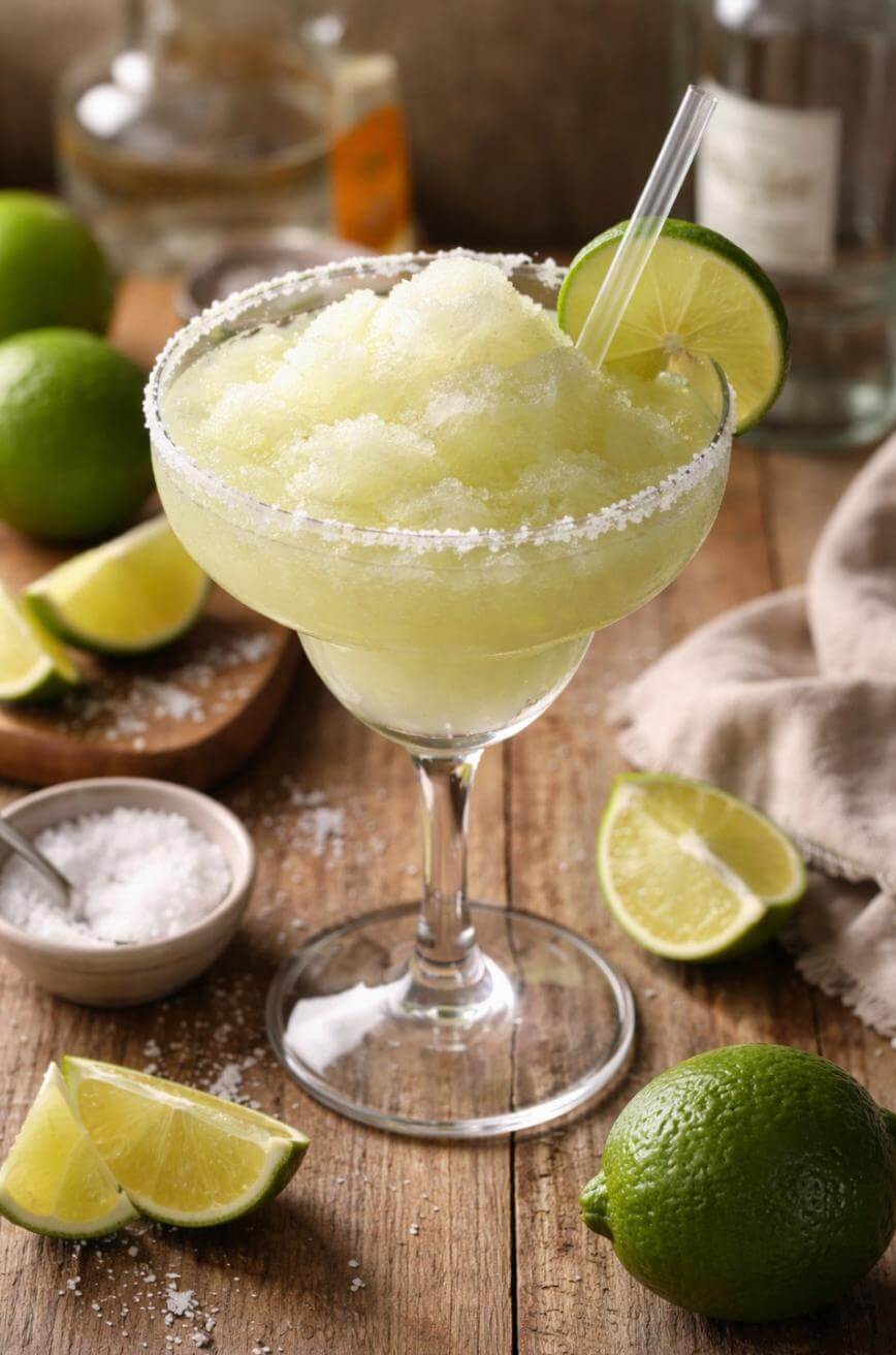 A frozen margarita in a salt-rimmed glass with a lime wheel garnish, surrounded by fresh lime wedges and a small bowl of salt on a rustic wooden table.
