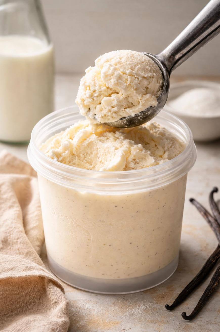 A metal scoop lifts creamy vanilla ice cream from a clear plastic container. Vanilla pods and a beige cloth lie nearby, with a bottle of milk and a small bowl in the background.