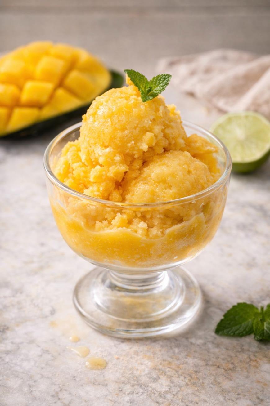 A glass dessert bowl filled with scoops of bright yellow mango sorbet, garnished with a mint leaf. In the background are diced mango pieces, half a lime, and a mint sprig on a light stone surface.