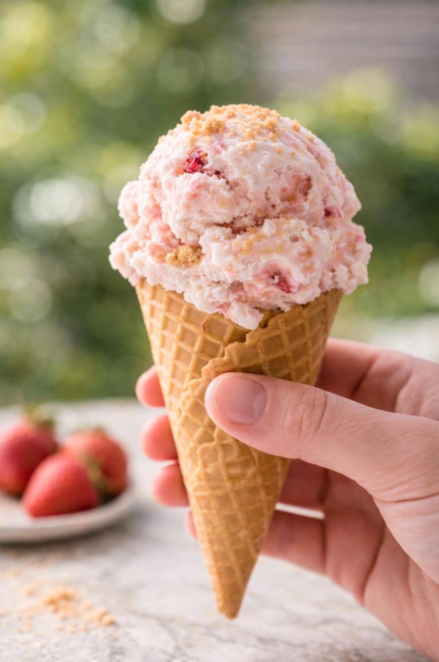 A hand holding an ice cream cone with two scoops of strawberry ice cream, topped with crumbs. In the background, there is a blurred plate of strawberries and greenery.